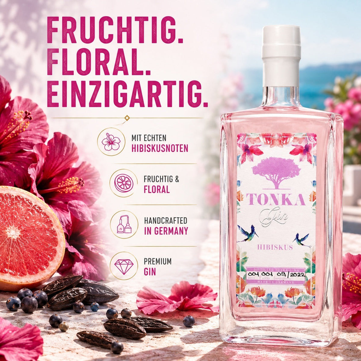 Hibiscus Gin, Gin Hibiscus, Tonka Gin Hibiscus, Gin Geschenk, Gin Hibiskus, Hamburger Gin.
