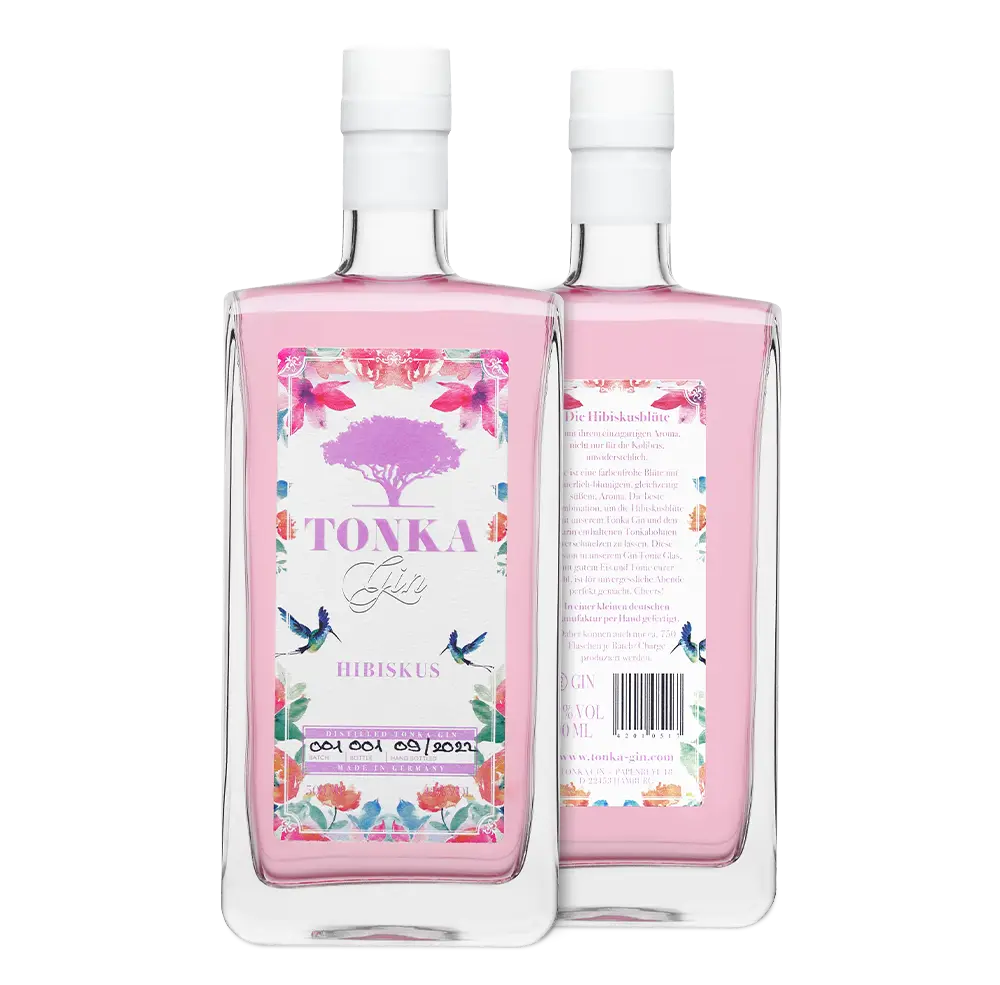 Tonka Gin Hibiskus - Flaschen Front und Rückseite sichtbar