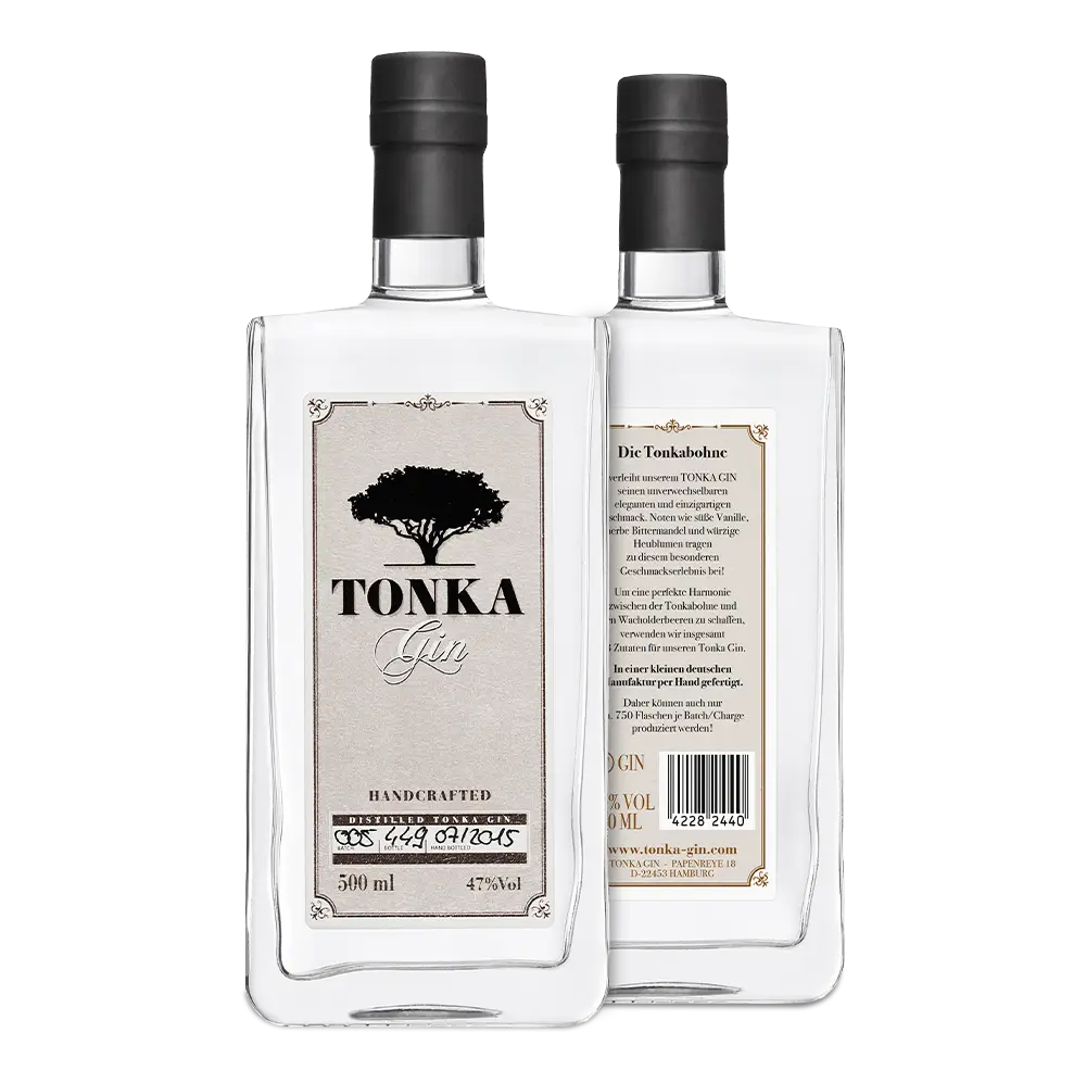 Tonka Gin Klassik - Flaschen Front und Rückseite sichtbar